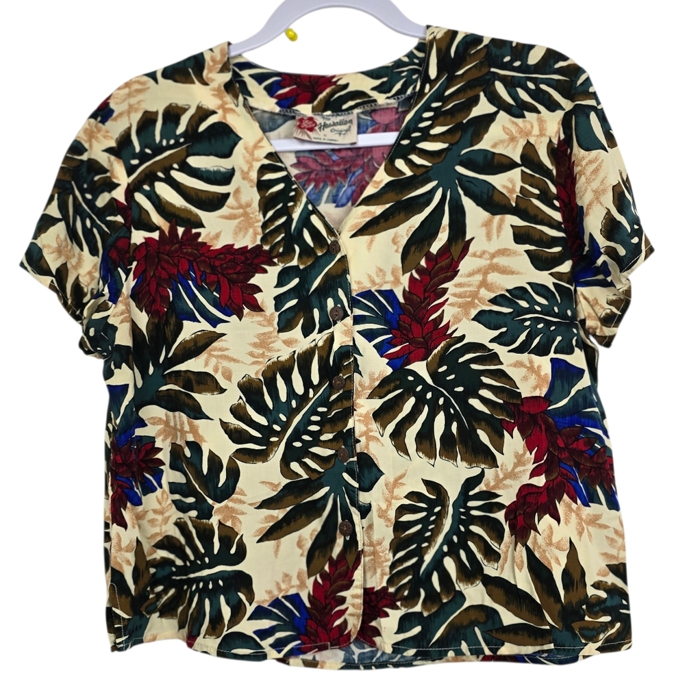 Hilo Hattie Women’s Cropped Hawaiian Shirt Size M Tropical Button-Down
